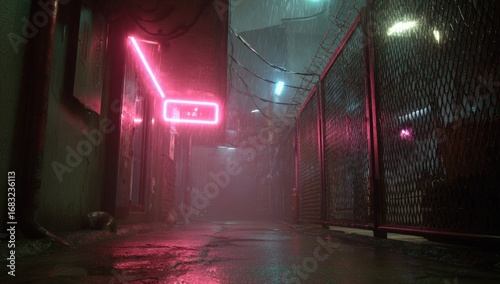 Rain-soaked alleyway at night, neon glow