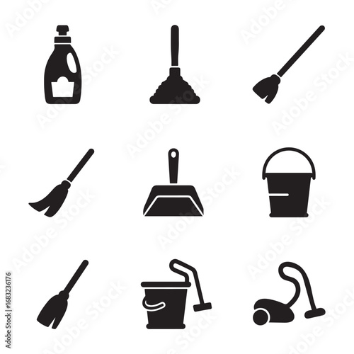 9 House Cleaning Icons Bundle | Modern Home Cleaning Equipment Icons, Vector Illustration 