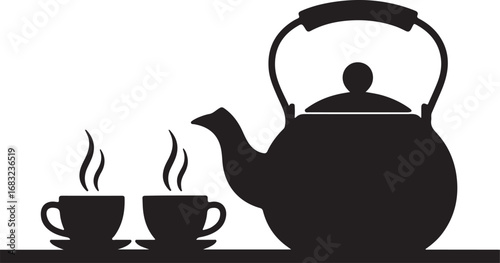 Simple Silhouette of Tea Kettle and Cups A black and white silhouette illustration of a tea kettle and two teacups on a tray.