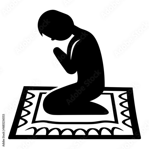 Serene Muslim woman prays on rug at dawn, soft desert light symbolizing devotion, faith, and spiritual tranquility