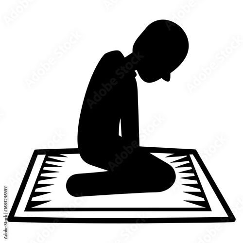 Cosmic prayer silhouette kneels on ornate rug beneath stars and nebulae, symbolizing infinite spirituality and devotion