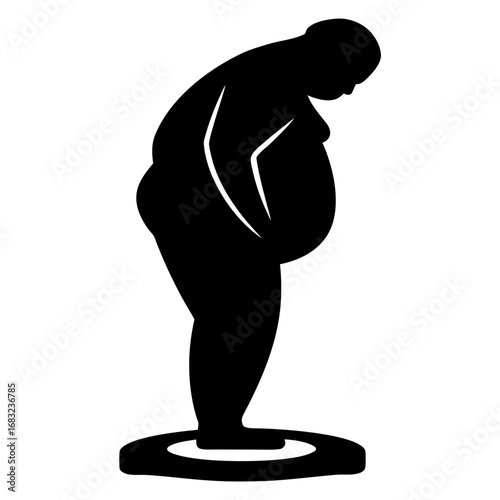 Obese man stands on scale in despair, emotional scene of weight, isolation, and the burden of self-image and struggle