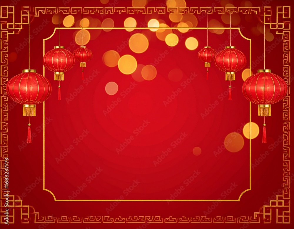 Naklejka premium Red Chinese lanterns hanging against a rich red background with gold bokeh lights and ornate frame; festive, celebratory mood; flat lay design.