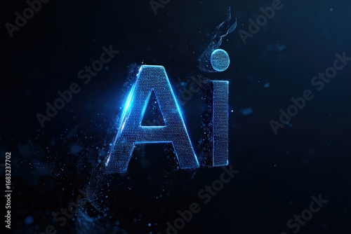 AI logo, glowing, particles