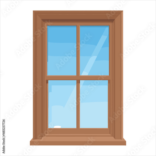 Wooden Window Frame with Blue Sky Reflection on White Background glass pane