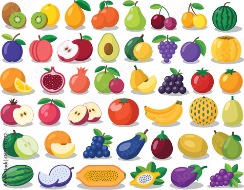 Vector Illustration of Assorted Whole and Sliced Fruits and Berries, Including Common and Exotic Varieties, for Healthy Eating and Nutrition Concepts

.