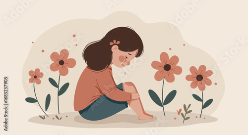 Sad girl sitting among flowers, depicting emotions for mental health awareness and educational materials
