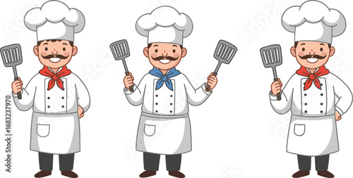 Cartoon male chefs in uniform holding spatulas, smiling kitchen staff characters, professional cooks with mustaches, restaurant cooking, culinary illustration.