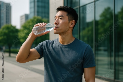 Man hydrating outdoors urban setting.
