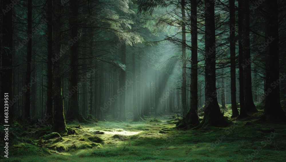 Obraz premium Sunbeams piercing a dense forest