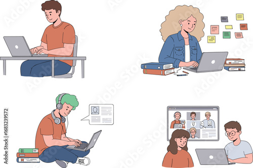Cartoon students studying online with laptops, digital education, virtual meetings, e-learning setup, teamwork, learning from home, technology in education