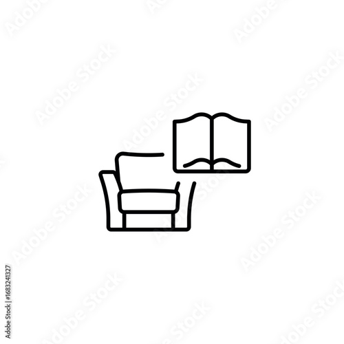 Book and chair. Relaxation linear icon. Break time. Line customizable illustration. Contour symbol. Vector isolated outline drawing. Editable stroke