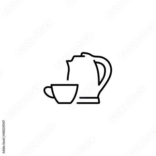 Electric kettle and cup linear icon. Break time. Line customizable illustration. Contour symbol. Vector isolated outline drawing. Editable stroke