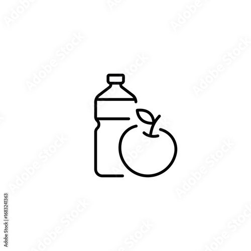 Bottle of water and an apple. Snack linear icon. Break time. Line customizable illustration. Contour symbol. Vector isolated outline drawing. Editable stroke
