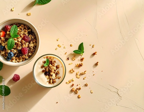 Flat lay of granola parfait with berries and yogurt in a glass, alongside a bowl of granola and fresh fruit, on a warm beige background.