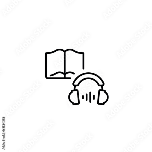 Book and headphones. Audiobook linear icon. Break time. Line customizable illustration. Contour symbol. Vector isolated outline drawing. Editable stroke