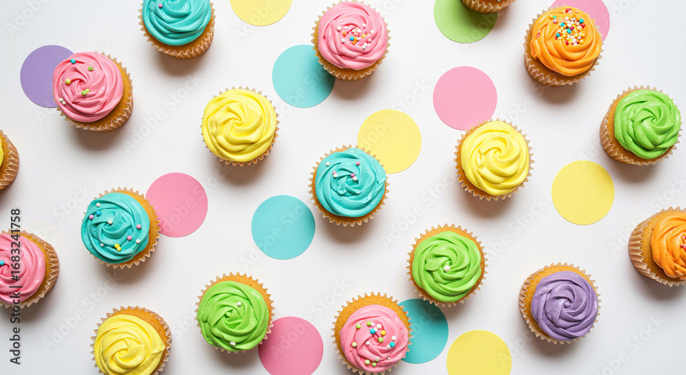 Obraz premium Overhead view of colorful cupcakes with different frosting and confetti on a white surface top down shot