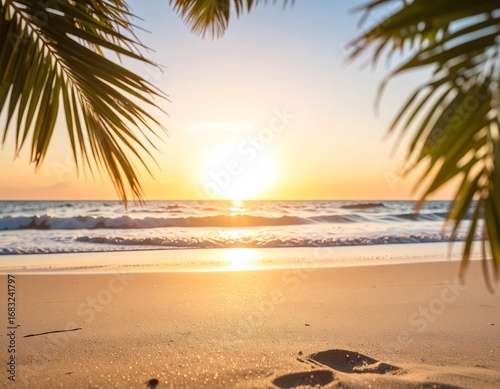 Warm-toned sunset view through palm leaves, showcasing a tranquil beach scene with gentle waves and footprints in the sand.