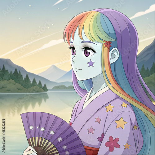 Vector Illustration of Elegant Anime Character with Rainbow Gradient Hair, Kimono, and Starry Forehead Mark