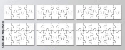 Jigsaw grid set with 6 templates. Scheme of thinking game collection. Puzzle pieces grid. Modern background with separate shapes. Mosaic silhouette. Cutting template. Vector illustrator