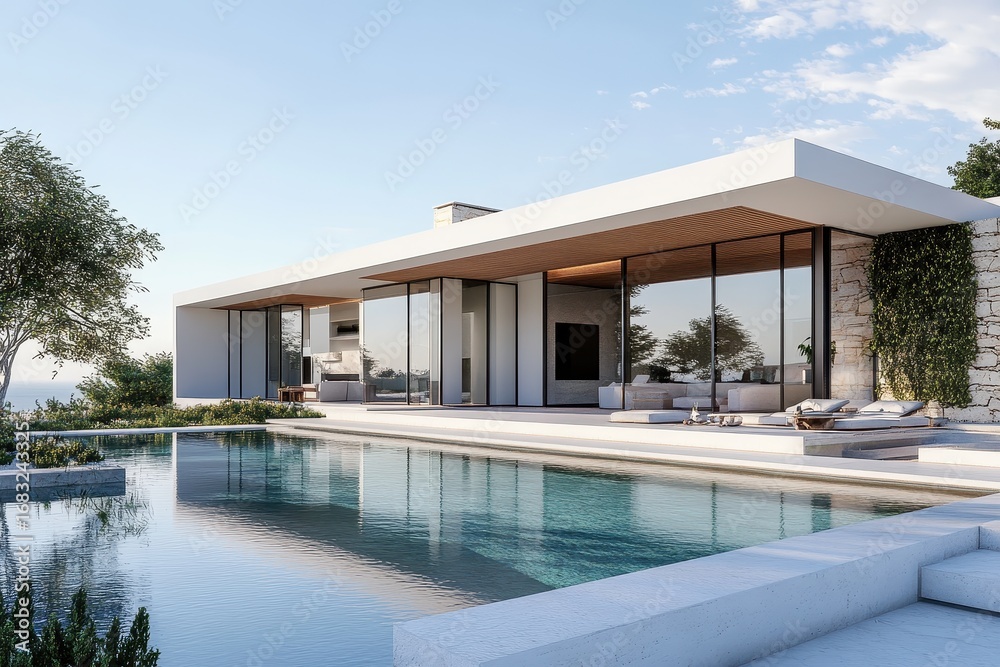 Fototapeta premium A pool with a lounge chair and a lounge chair