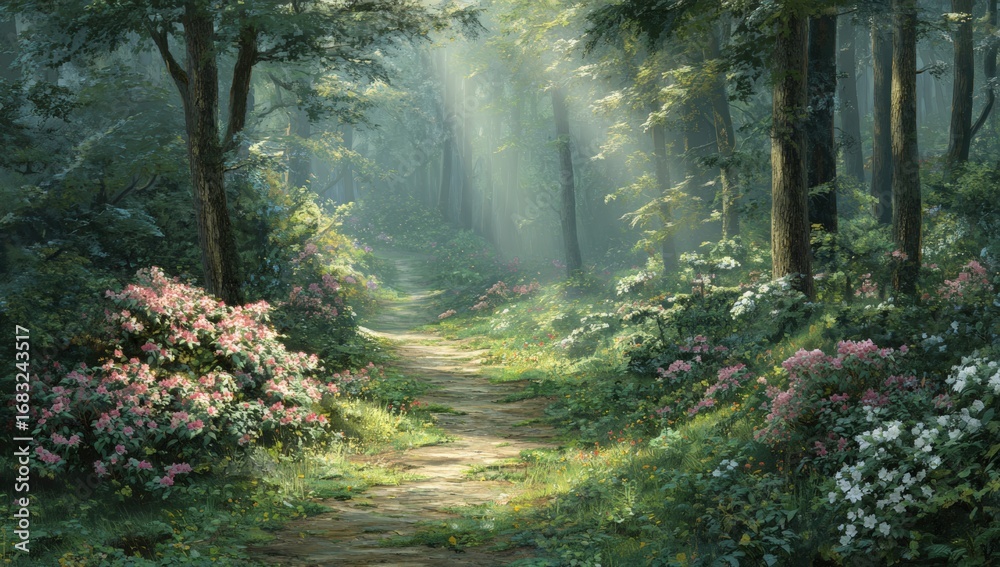 Obraz premium Sunlight streams through a tranquil forest path lined with blossoming bushes