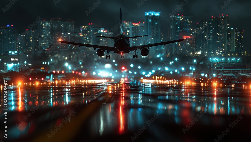Obraz premium Airplane landing at night in a city (1)