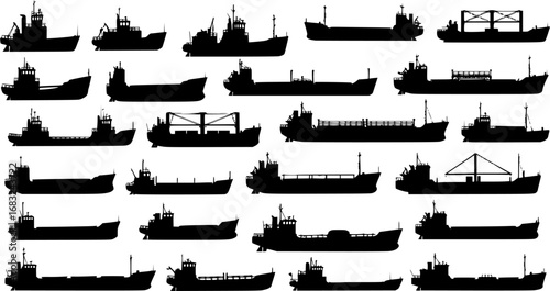 Vector set of 61 silhouettes of sea towboat and the ships
