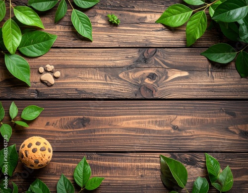 Flat lay of dog treats and toys arranged with green leaves on a dark brown wooden background, creating a natural and calm mood.