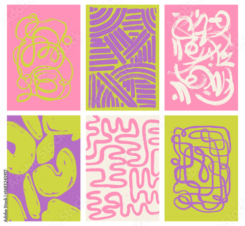 Abstract modern art print collection. Brush textured contemporary aesthetic backgrounds set. Organic shapes, continuous line