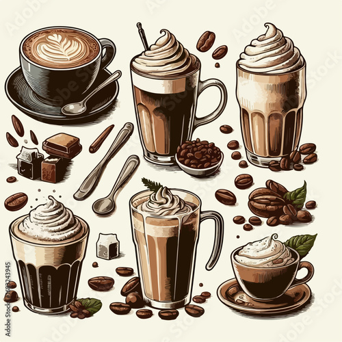 premium vector illustration of cappuccino coffee icon set