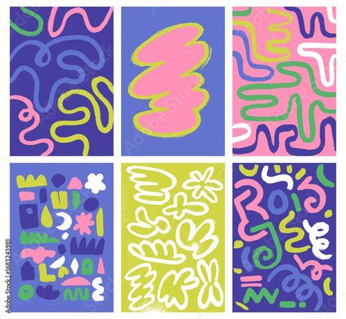 Gallery wall art set. Modern backgrounds with abstract continuous line. Naive playful curved bold brush strokes, lines and spots. Organic shapes, bright colors