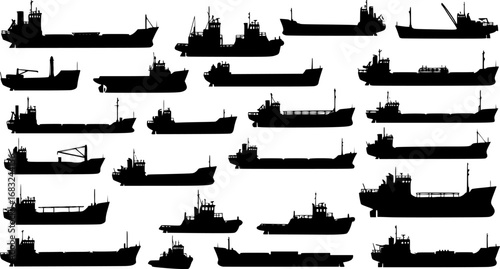 Vector set of 61 silhouettes of sea towboat and the ships
