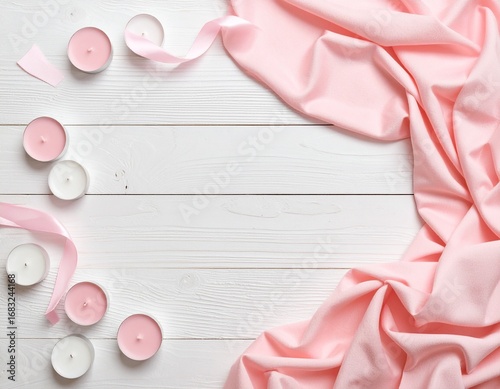 Flat lay of pink candles and ribbon on white wooden background, creating a soft, romantic mood with pastel color palette.