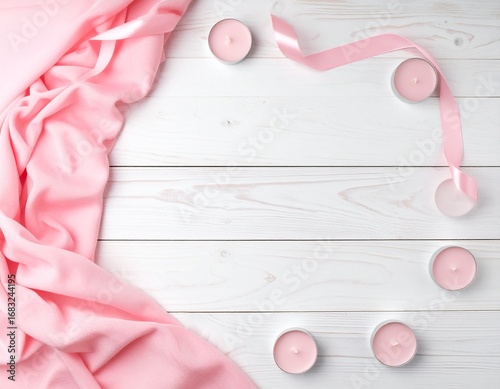 Flat lay of pink fabric and candles arranged on a white wooden background, creating a calm and serene mood.