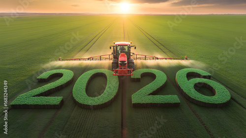 Agricultural tractor spraying field with 2026 year display during sunset