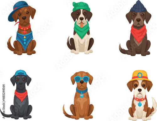 Cute cartoon dogs wearing stylish clothes, hats, and accessories, sitting happily in trendy outfits, perfect for pet fashion and design use