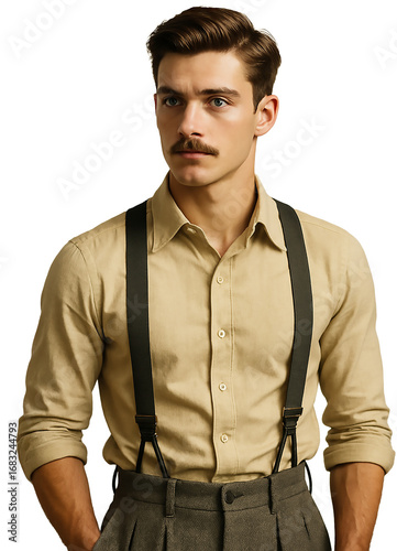 Man with Mustache and Suspenders Isolated on Transparent Background