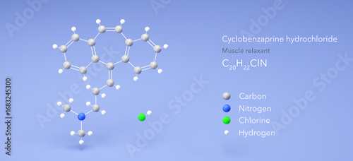 Fototapeta Naklejka Na Ścianę i Meble -  cyclobenzaprine hydrochloride molecule, molecular structure, muscle relaxant 3d model, Structural Chemical Formula and Atoms with Color Coding