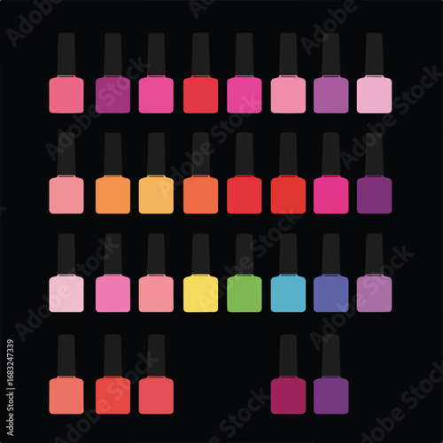 Set of Multicolor Nail Polish in Rows on Black Background