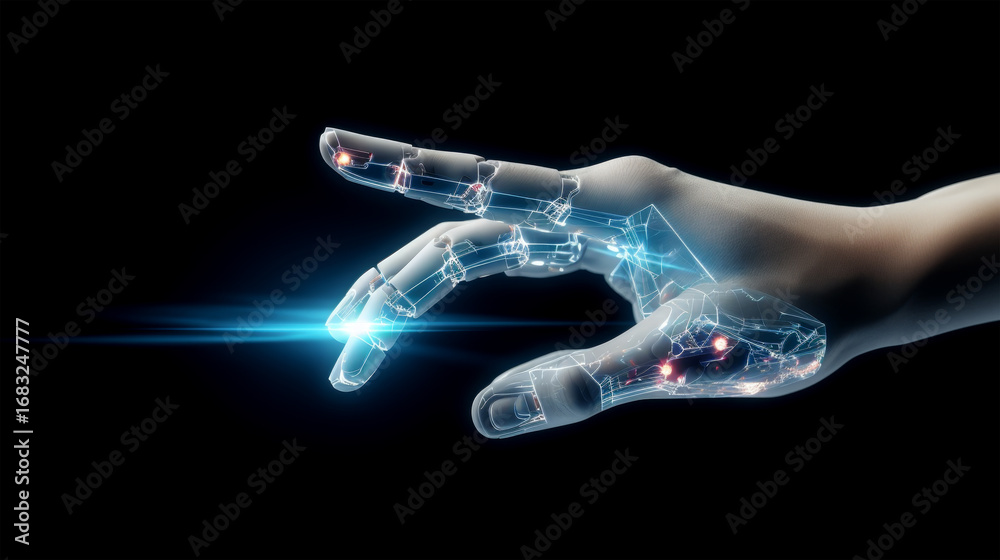 Obraz premium Futuristic robotic hand touching digital light 