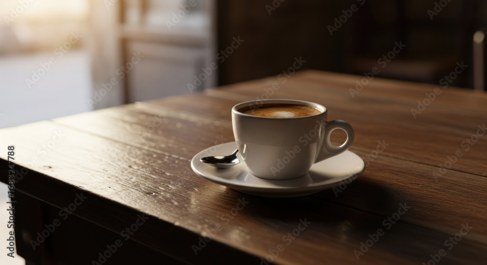 Obraz premium Aromatic coffee cup on a wooden table in a cafe. Sunlight streams in