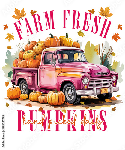 Watercolor pink truck with pumpkins autumn harvest illustration for thanksgiving and fall season decor and celebrations