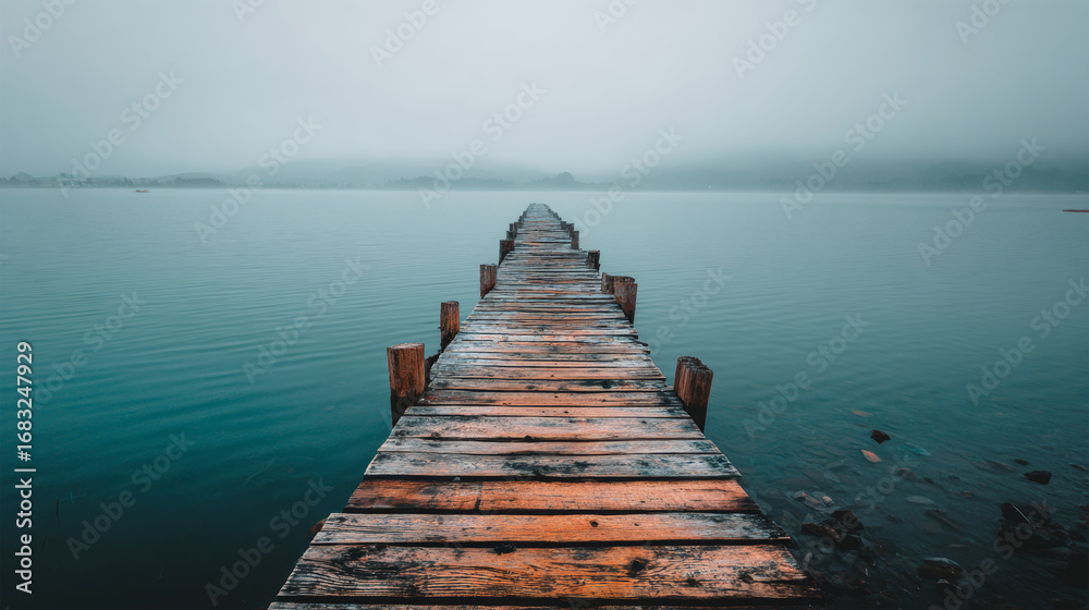 Fototapeta premium Foggy wooden pier stretching into turquoise lake 