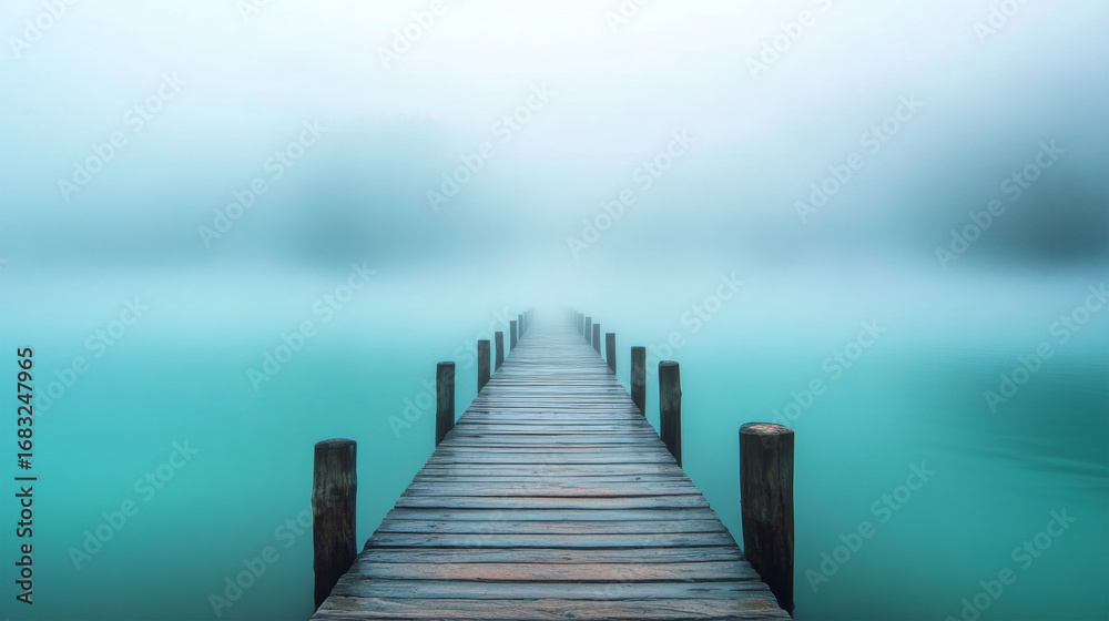 Obraz premium Foggy wooden pier stretching into turquoise lake 