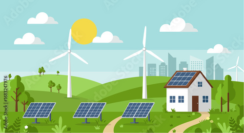 Green energy, urban landscape, ecology - vector illustration.