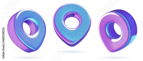 3d location pin holographic icons. Metallic iridescent gradient address or destination symbol realistic vector illustration isolated on white background.