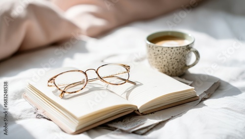 Open book, eyeglasses, and coffee cup on a bed