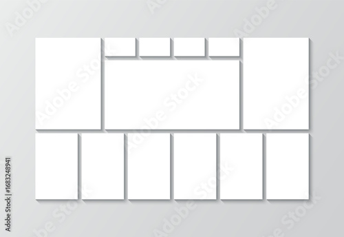 Photo collage template. Scrapbook square mockup. Portfolio images layout. Mosaic picture frame. Moodboard grid. Album brandboard. Mood board background. Gallery banner. Vector illustration