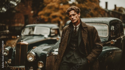 Stylish man in vintage attire poses beside classic car in autumn